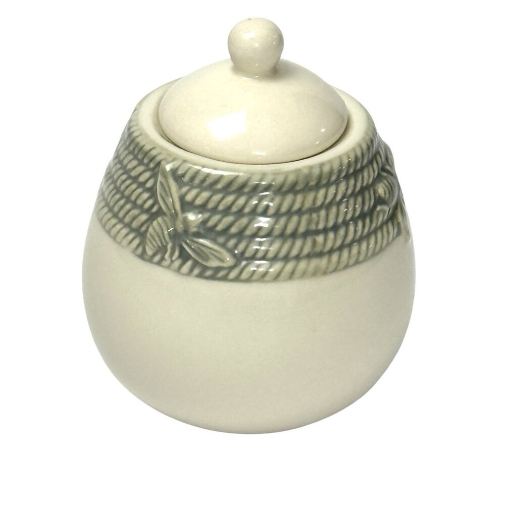 William Sonoma Honey Bee Sugar Bowl Green‎ Beige Honeybee Retired
